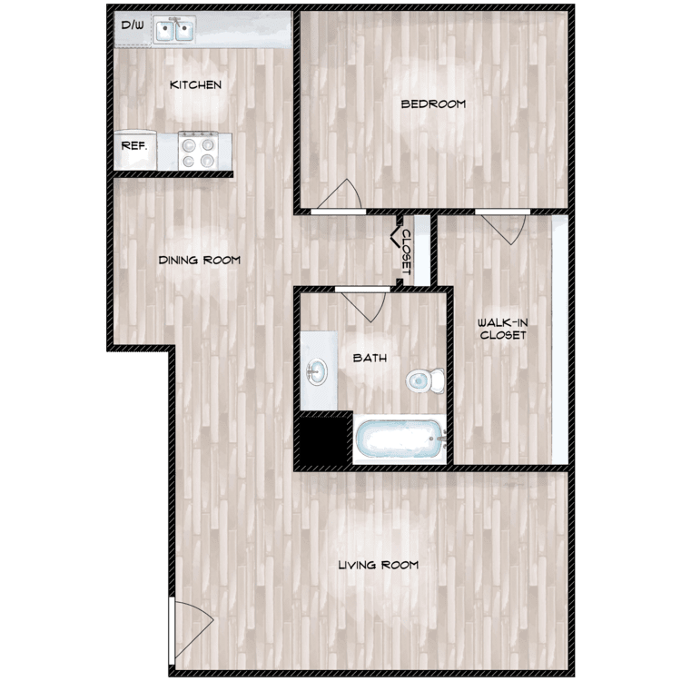 Floor plan for 1 bed, 1 bath, 760 sqft